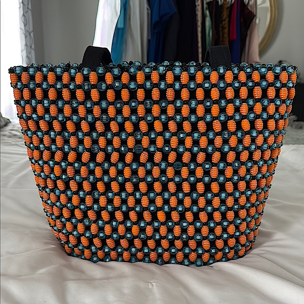 Beaded Tote Bag in Orange and Blue
